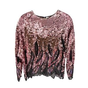 Vtg Oleg Cassini Silk Iridescent Sequin Top Hand Beaded Party Blouse L Disco